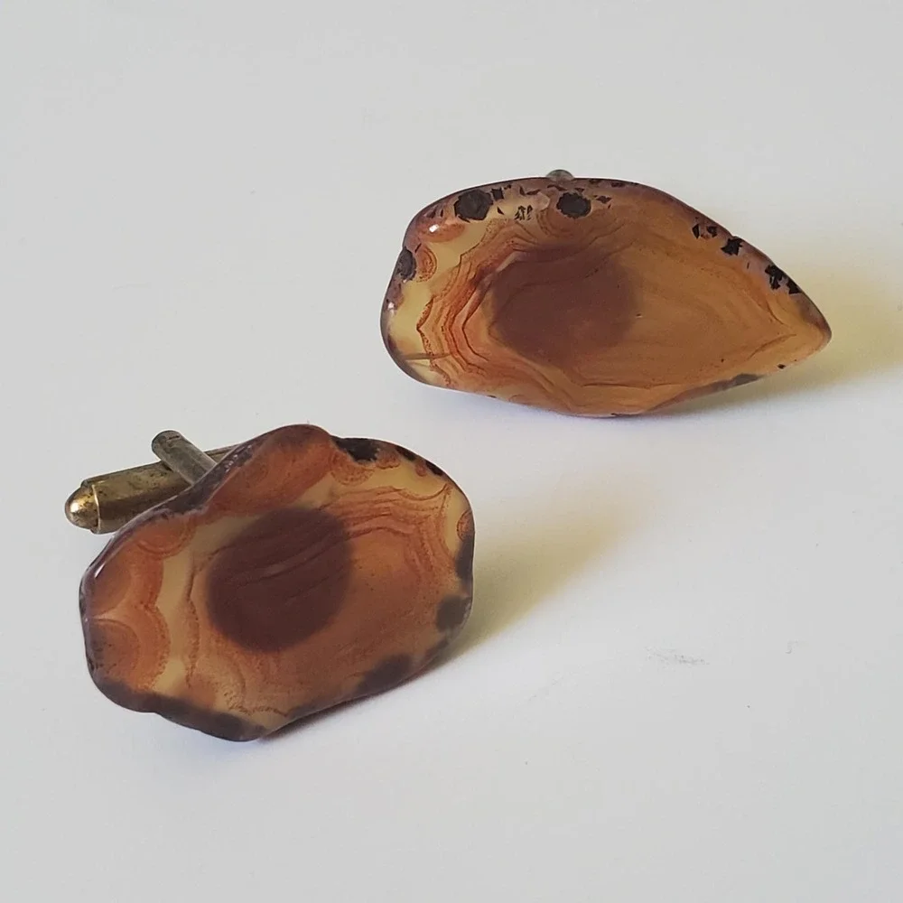 Vintage Brown Live Edge Agate Cufflinks Pair Balance Grounding Inner Peace‎